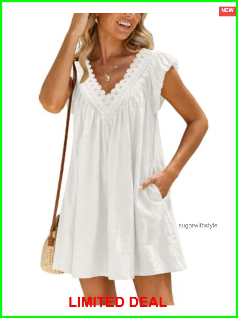 Women's Cotton Mini Dress Scalloped V-Neck Puff Sleeve Casual